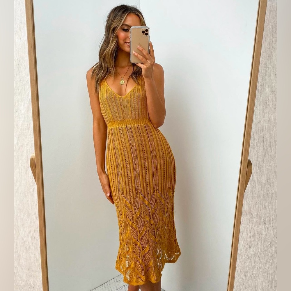 Petal & Pup Mustard Yellow Crochet Midi Dress